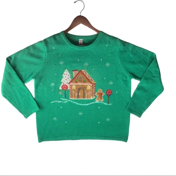 Sweaters Green Gingerbread Man House Beaded Ribbed Knit Ugly